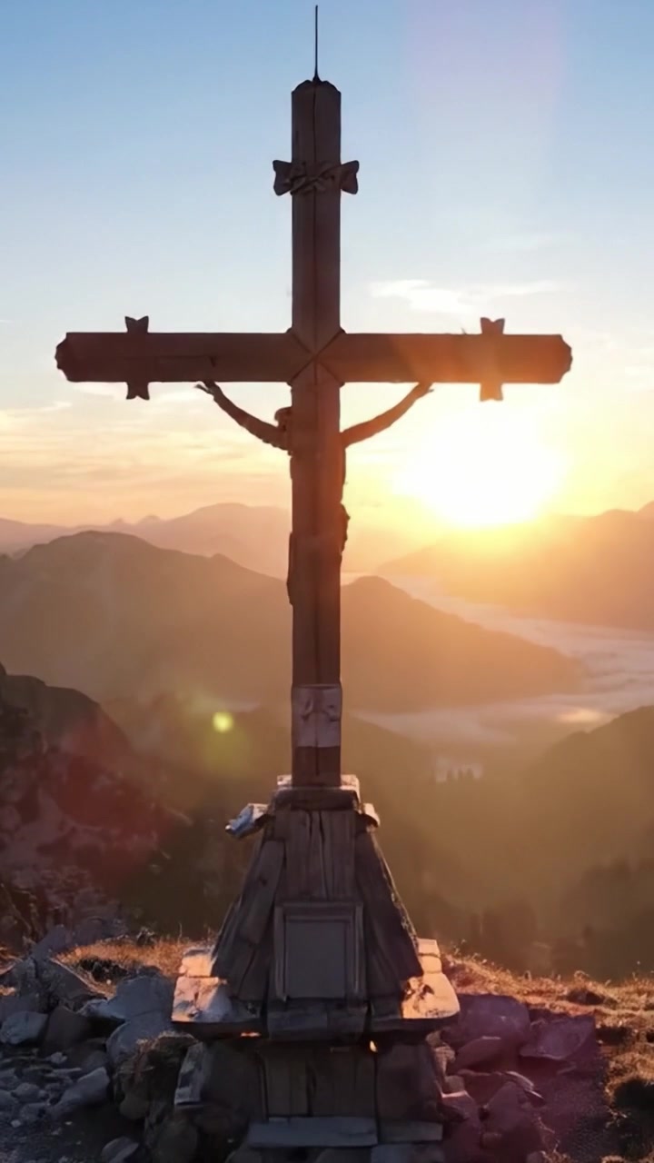 Croce in Silhouette all'Alba: Una Vista Maestosa dalla Cima della Montagna che Mostra la Bellezza della Natura e la Riflessione Spirituale