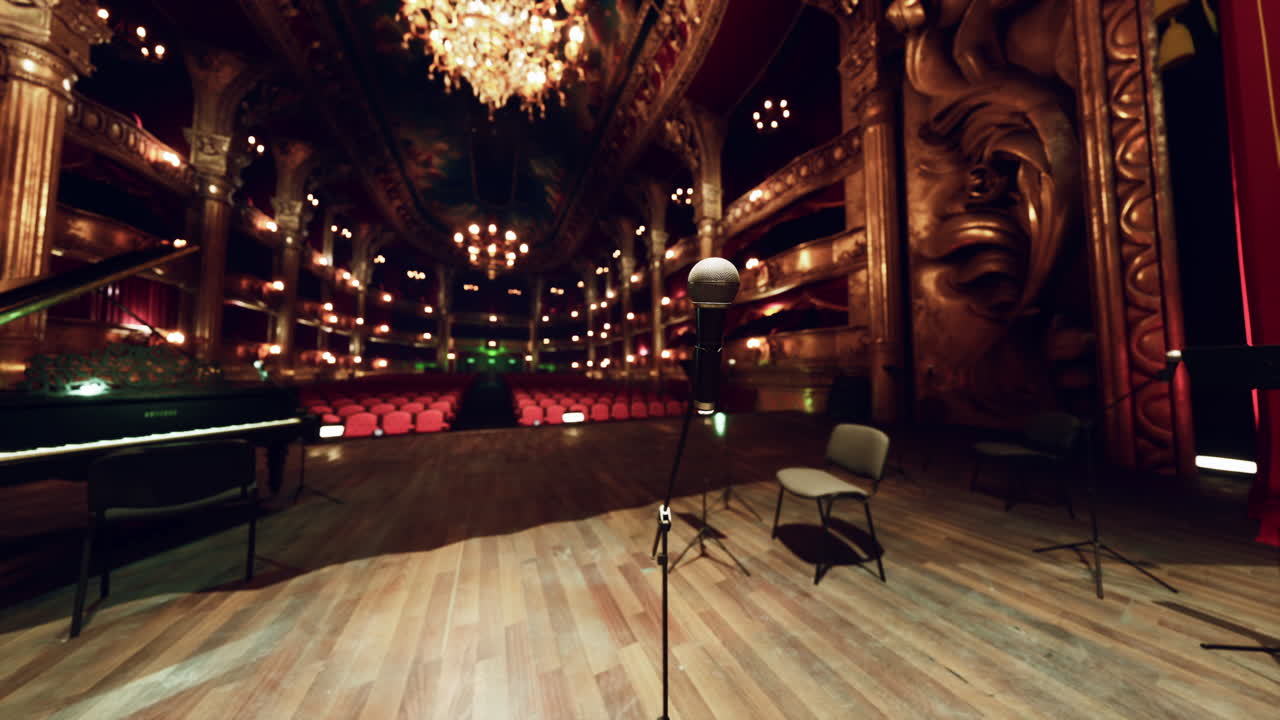 escenario vacío con micrófono en una gran sala de conciertos