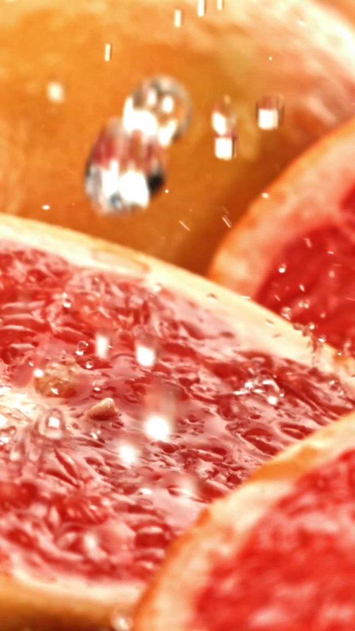 Acqua che schizza al rallentatore su fette fresche di pompelmo rosso