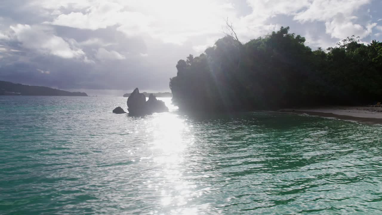 Aerial from Beach to Coast Landscape of Cayo Levantado, Samana Bay