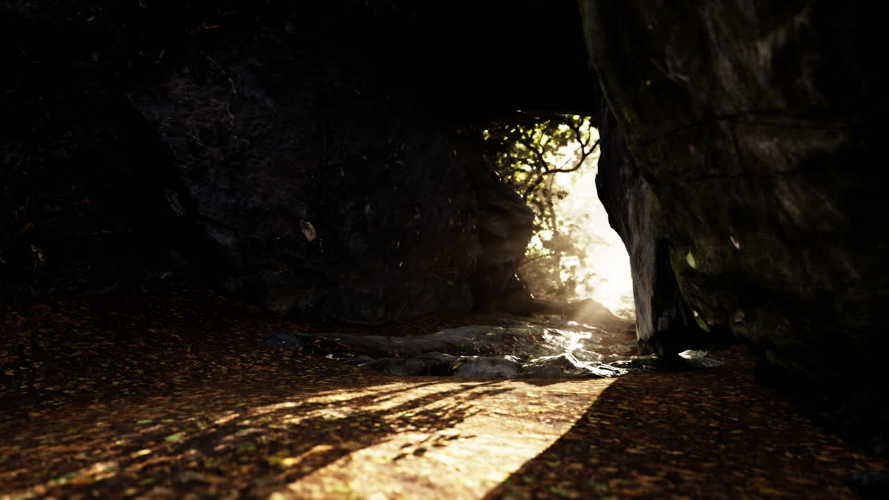 la luz del sol fluye a través de una cueva en un bosque