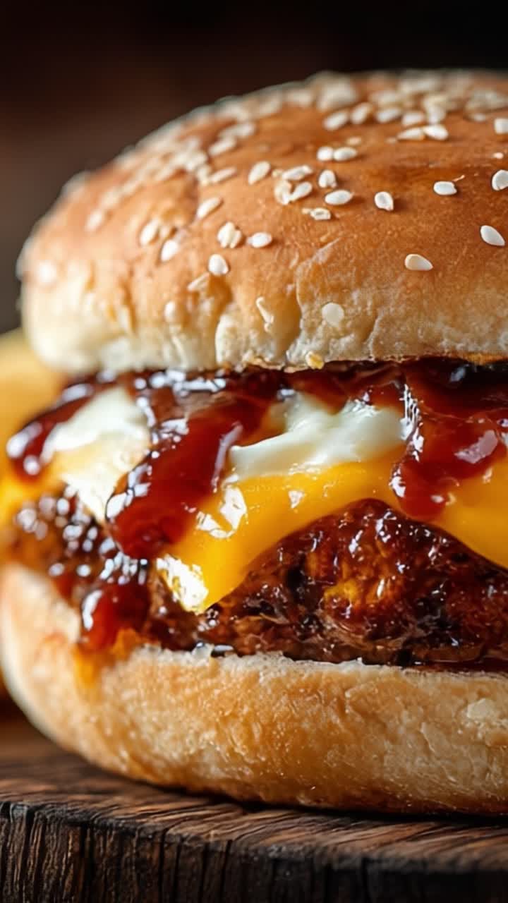 Primo piano appetitoso di un succoso hamburger con formaggio fuso, saporita salsa BBQ e ingredienti freschi racchiusi in un soffice panino ai semi di sesamo