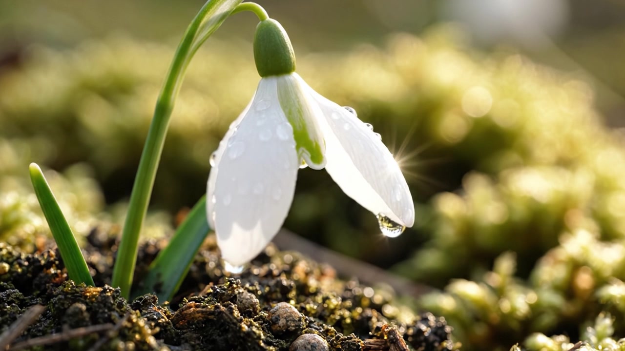 Un Delicato Bucaneve che Fiorisce in Natura con Gocce di Rugiada sui Petali, Mostrando la Bellezza della Primavera e della Nuova Crescita in un Ambiente Sereno