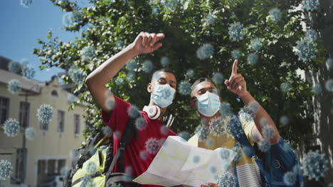 animation of covid 19 cells over two male tourists in face mask