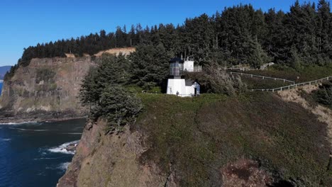 drone flies backwards away from lighthouse on a cliff