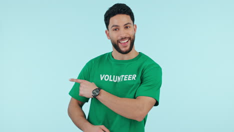 Advertising-smile,-man-and-volunteer-pointing