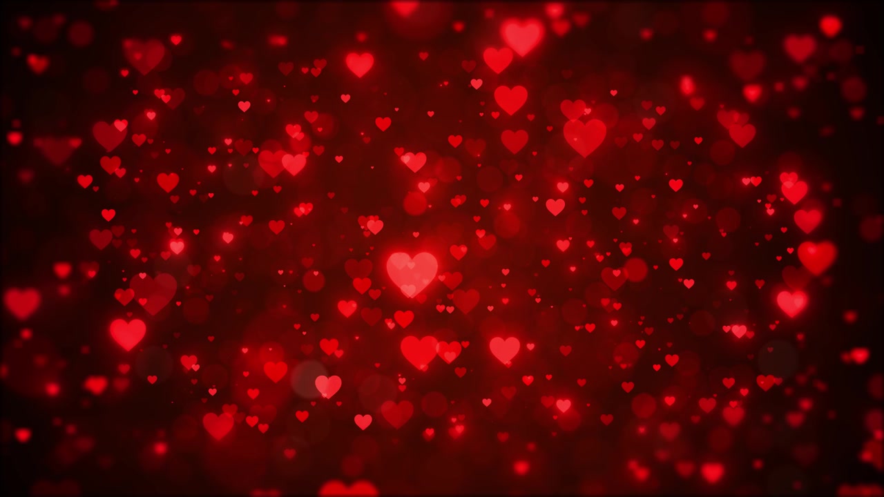 Sfondo bokeh con cuori rossi romantici, forme d'amore luminose, sfocatura morbida, particelle calde, San Valentino sognante.