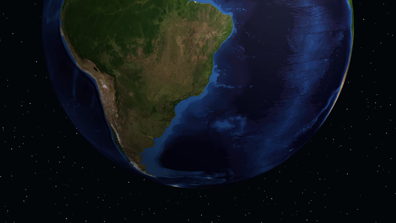 Un globo 3D ruota e zooma sul Sud America, evidenziando Colonia del Sacramento con dati