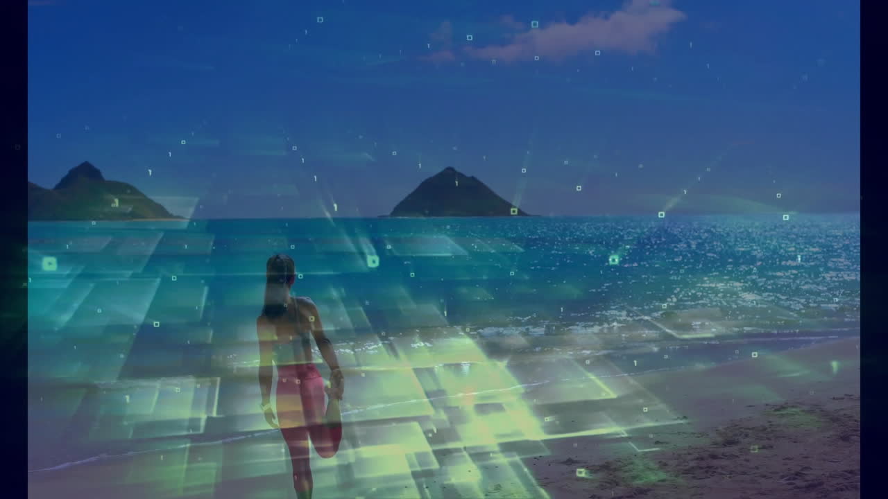 Woman walking on beach with digital data processing animation over ocean