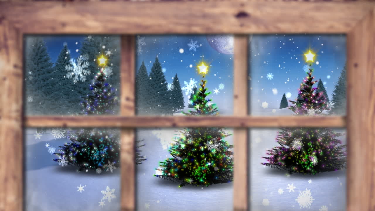 크리스마스 나무 위에 내리는 눈의 애니메이션과 창문을 통해 볼 수 있는 겨울 풍경