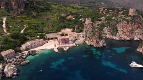 beautiful aerial establishing shot above tonnara di scopello