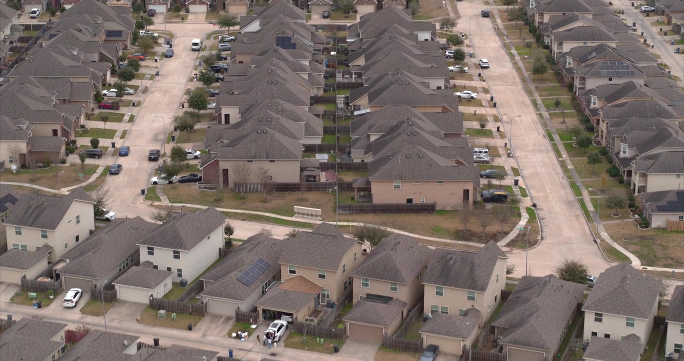 Establishing aerial shot of residential housing in the Mission Bend area of Southwest Houston, Texas. Ideal for real estate, development, and suburban lifestyle projects