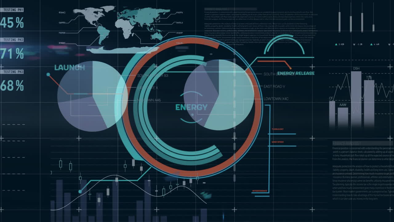 Animation of data processing over diagrams and scope scanning on black background