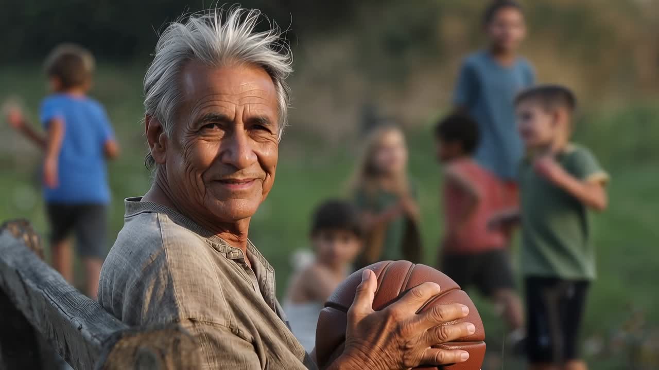 Observando crianças correndo, um senhor de camisa segurando uma bola de basquete em um banco do parque, com espaço para cópia.