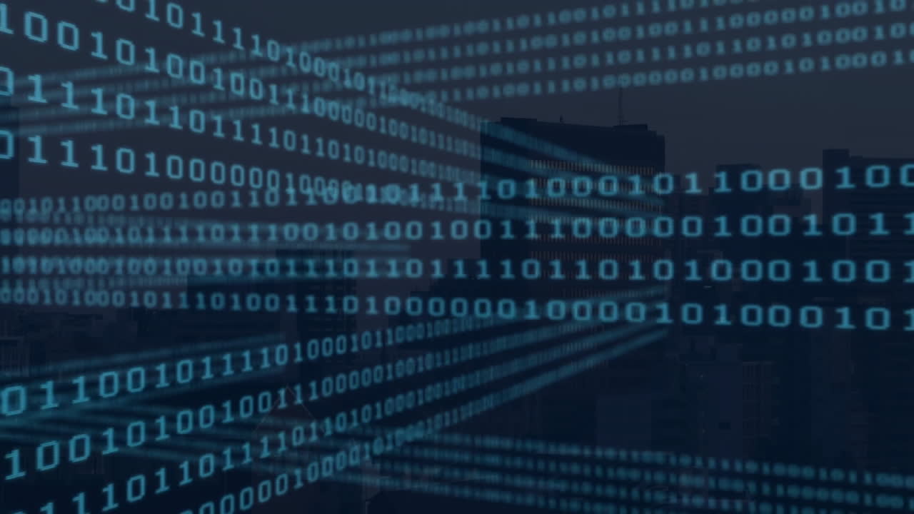 Binary code animation over cityscape
