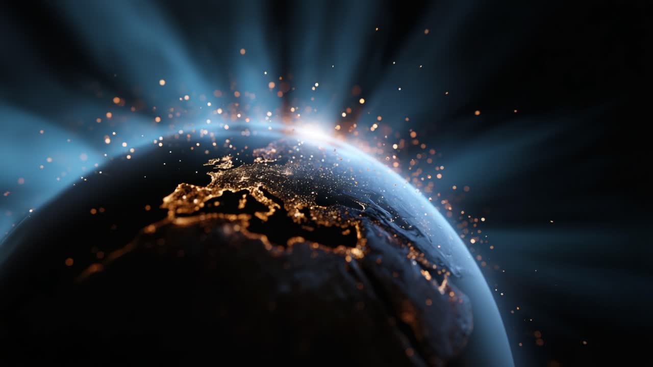 A Glorious View of Earth with Radiant City Lights and Cosmic Energy Emphasizing the Planet's Beauty and Connectivity Against a Dark Background