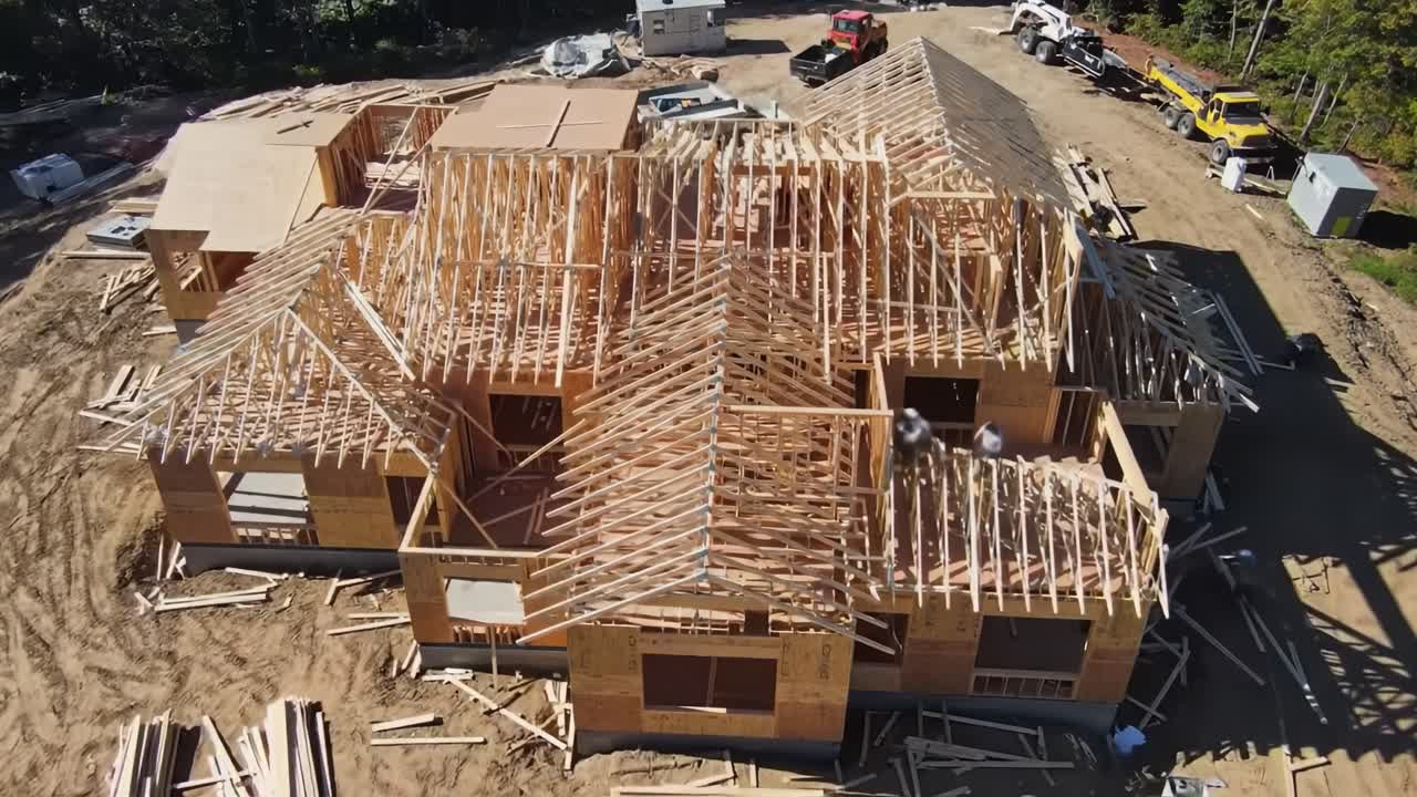 A large residential building is being constructed surrounded by trees. Workers are busy framing the structure and organizing wooden materials. The site is active with machinery and equipment.