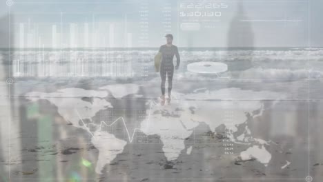 animation of statistics and data processing over man carrying surfboard by seaside