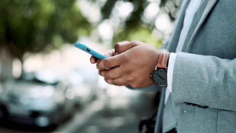 text message, phone and hands of black man in city
