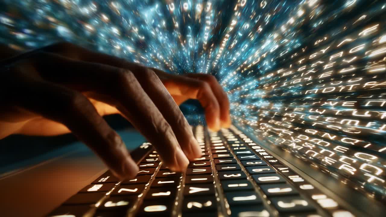 A Close-Up of a Hand Typing on a Keyboard Surrounded by Streams of Digital Code and Data, Creating a Visual Representation of Cyber Technology and Information Processing
