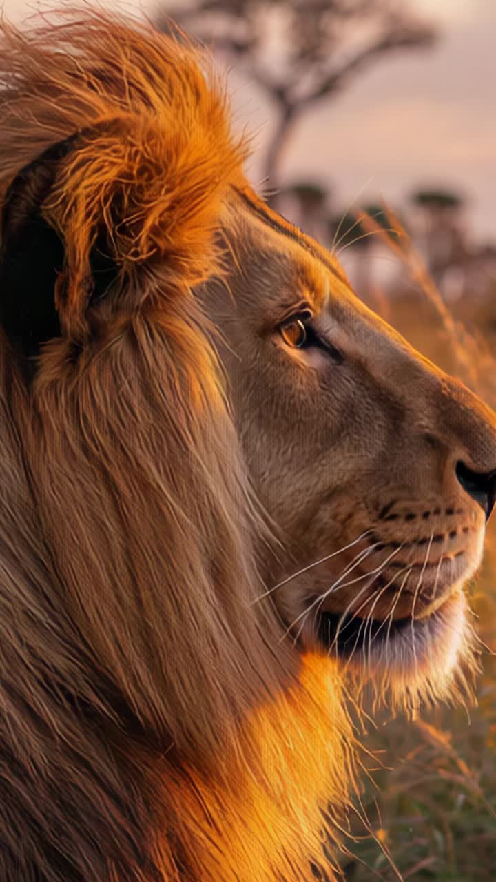 Vertical video: Hearing sound, male lion scanning savannah at sunset, acacia trees, copy space