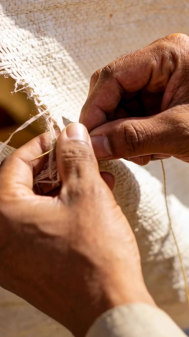 Video verticale: Preparazione di ago e filo, mani con manica beige che rammendano un tessuto sfilacciato vicino alla finestra
