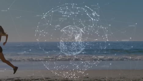 Animation-of-networks-of-connections-with-globe-over-caucasian-woman-running-on-beach