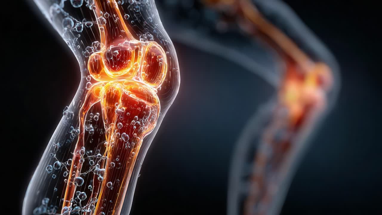 Anatomisk visualisering af et menneskeligt knæled, der fremhæver strukturelle komponenter og funktionalitet i en fængslende detaljeret 3D-rendering med dynamiske energieffekter