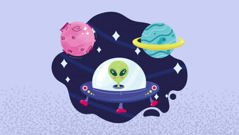 alienígena lindo en un ovni con planetas