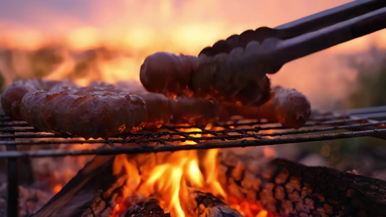 Salsicce sfrigolanti che grigliano su un fuoco accogliente al tramonto, catturando il calore e il sapore perfetti in una splendida cornice all'aperto.