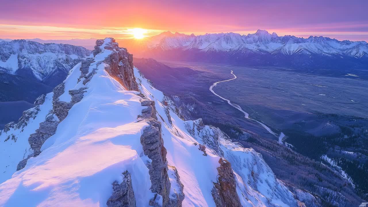 el amanecer sobre los picos nevados de las montañas