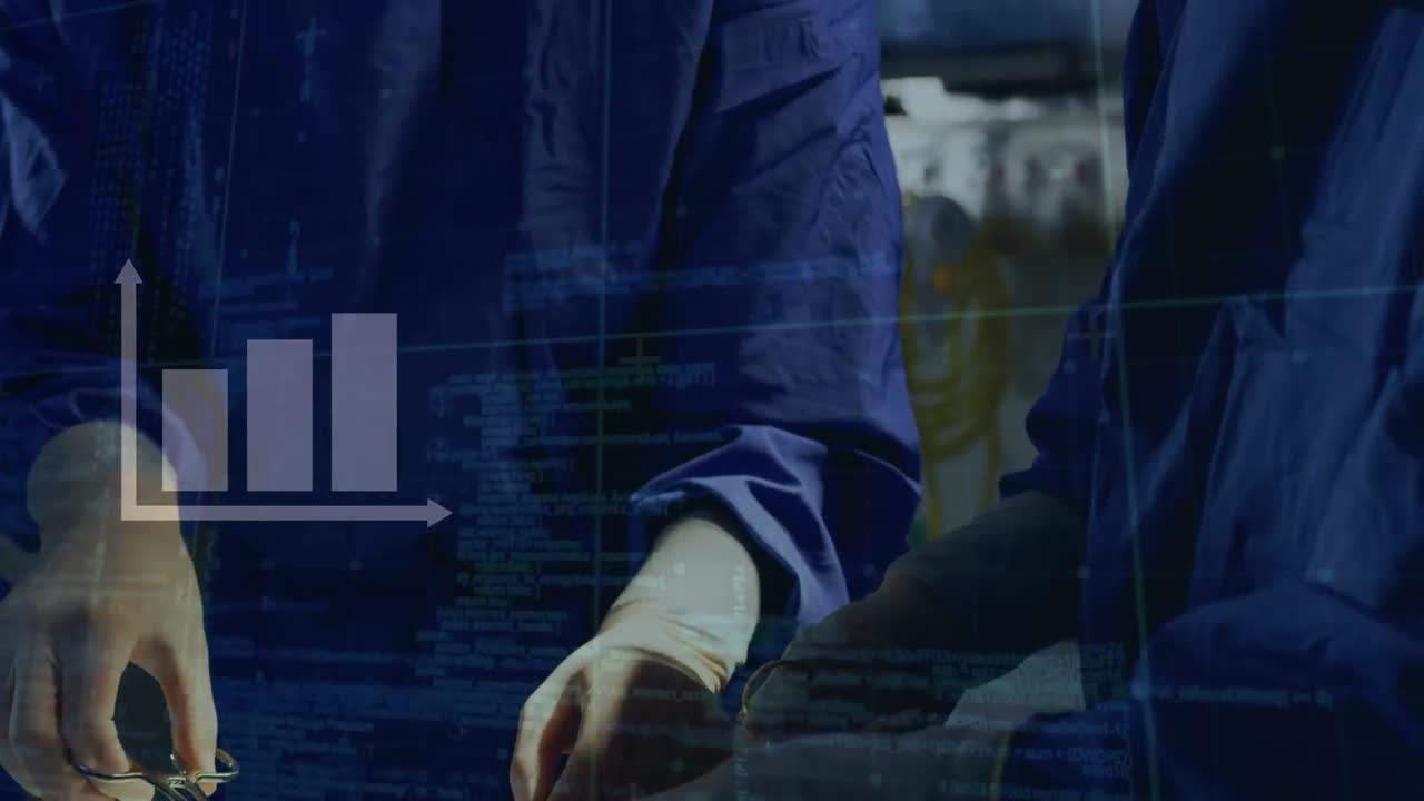 병원에서 수술을 하는 두 명의 외과 의사에 대한 바 그래프와 데이터 처리의 애니메이션