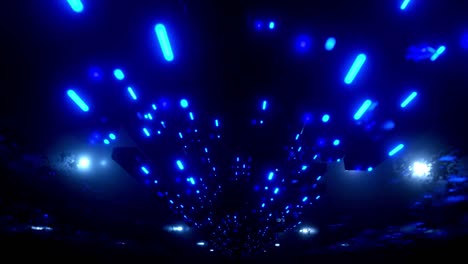 flight through hi-tech technology tunnel with camera shake. neon blue light, sci-fi constructions, mysterious 3d objects and hologram. fly through technology cyberspace. 3d almost looped 4k bg