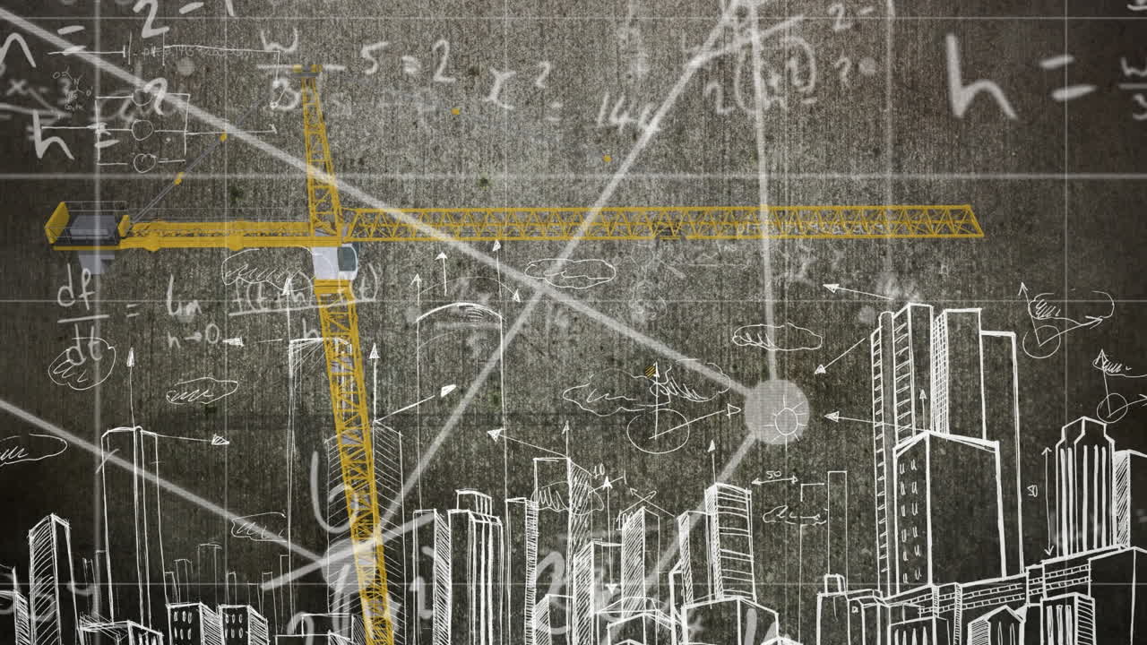 수학 방정식 과 공식 들 이 크레인 과 블랙보드 에 있는 도시 풍경 스케치 에 대항 하여 떠다니고 있다