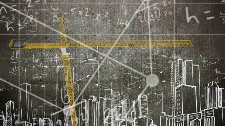 Mathematical equations and formulas floating against crane and cityscape sketch on blackboard