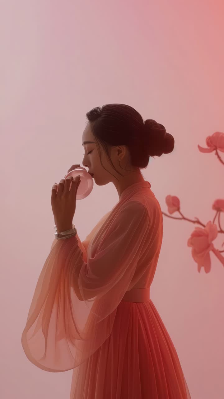 Elegante profilo laterale di una donna in abito tradizionale, delicatamente illuminato con una tonalità rosata.