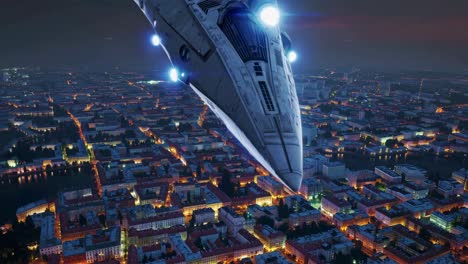 alien spaceship over city at night