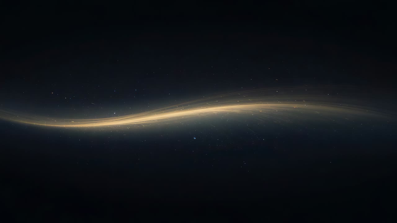 Sweeping from glow, golden ribbon stretching across dark void, revealing core and filaments