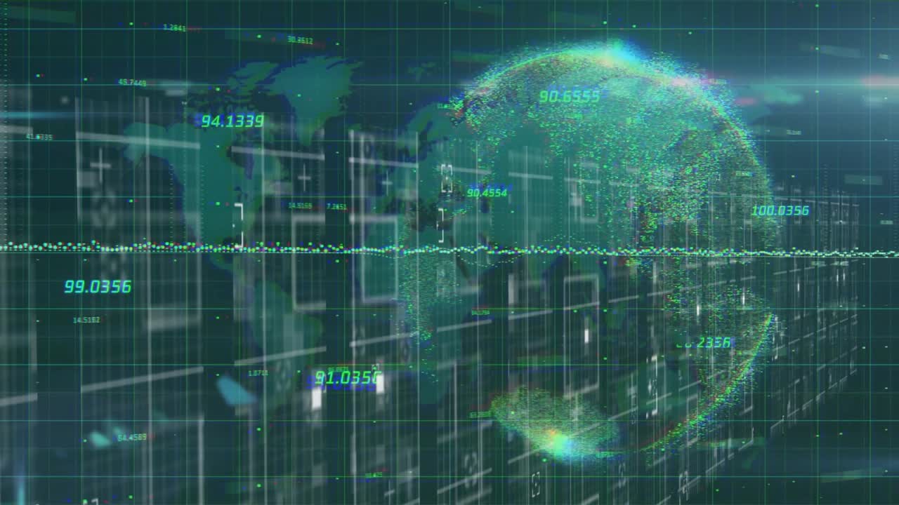 Data grid extending with map initiating numeric waveform pulsing globe emerging rotating networking