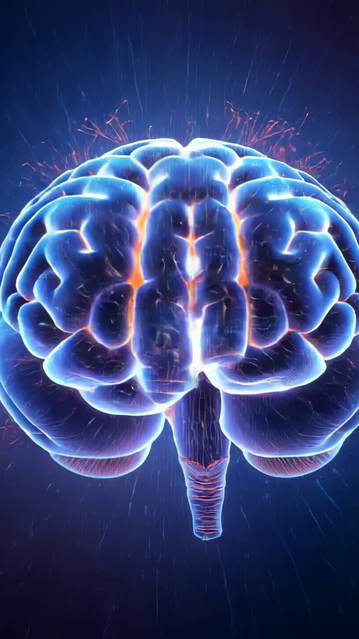 Video verticale: inizializzazione del modello cerebrale che ruota nello spazio blu, visualizzazione dei percorsi neurali