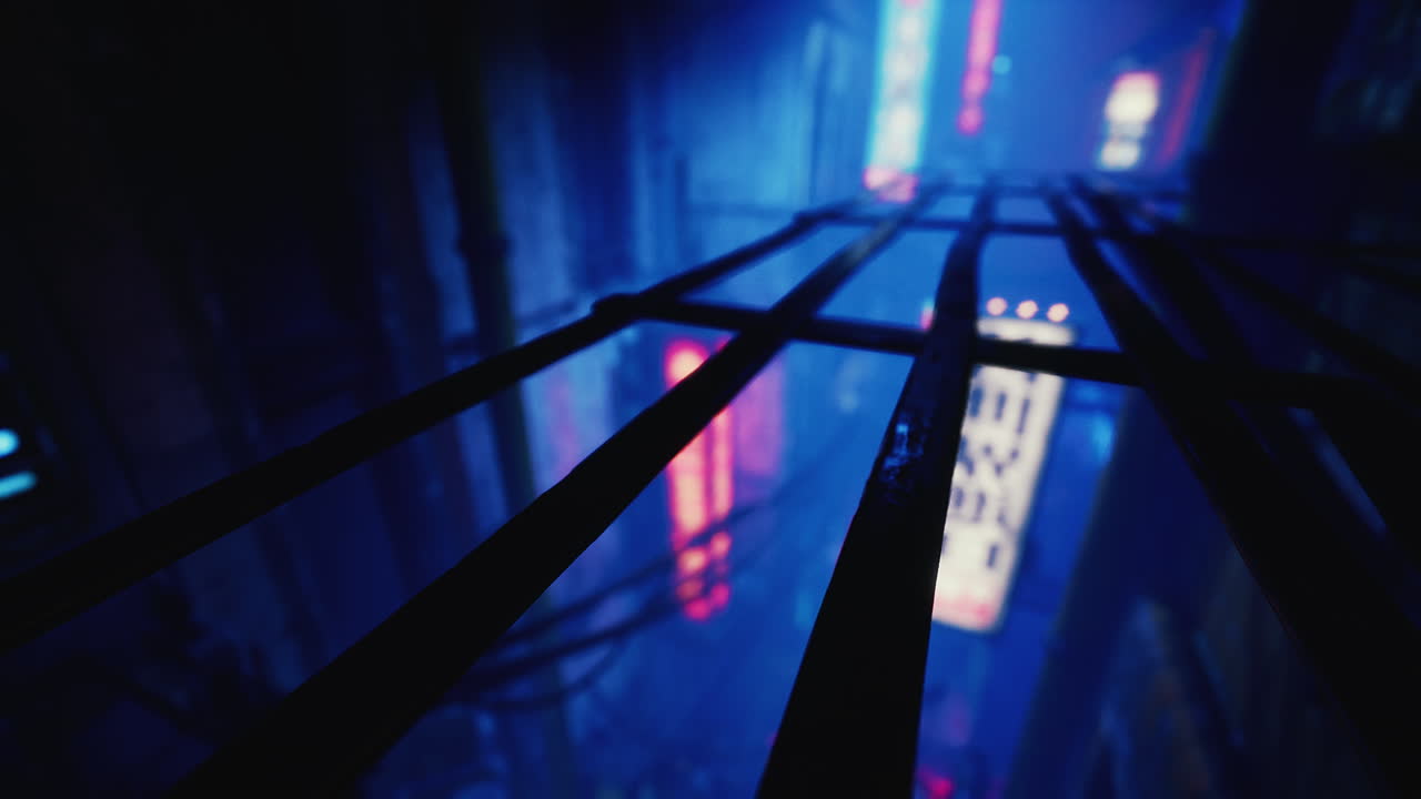 창문을 통해 네온 도시 불빛