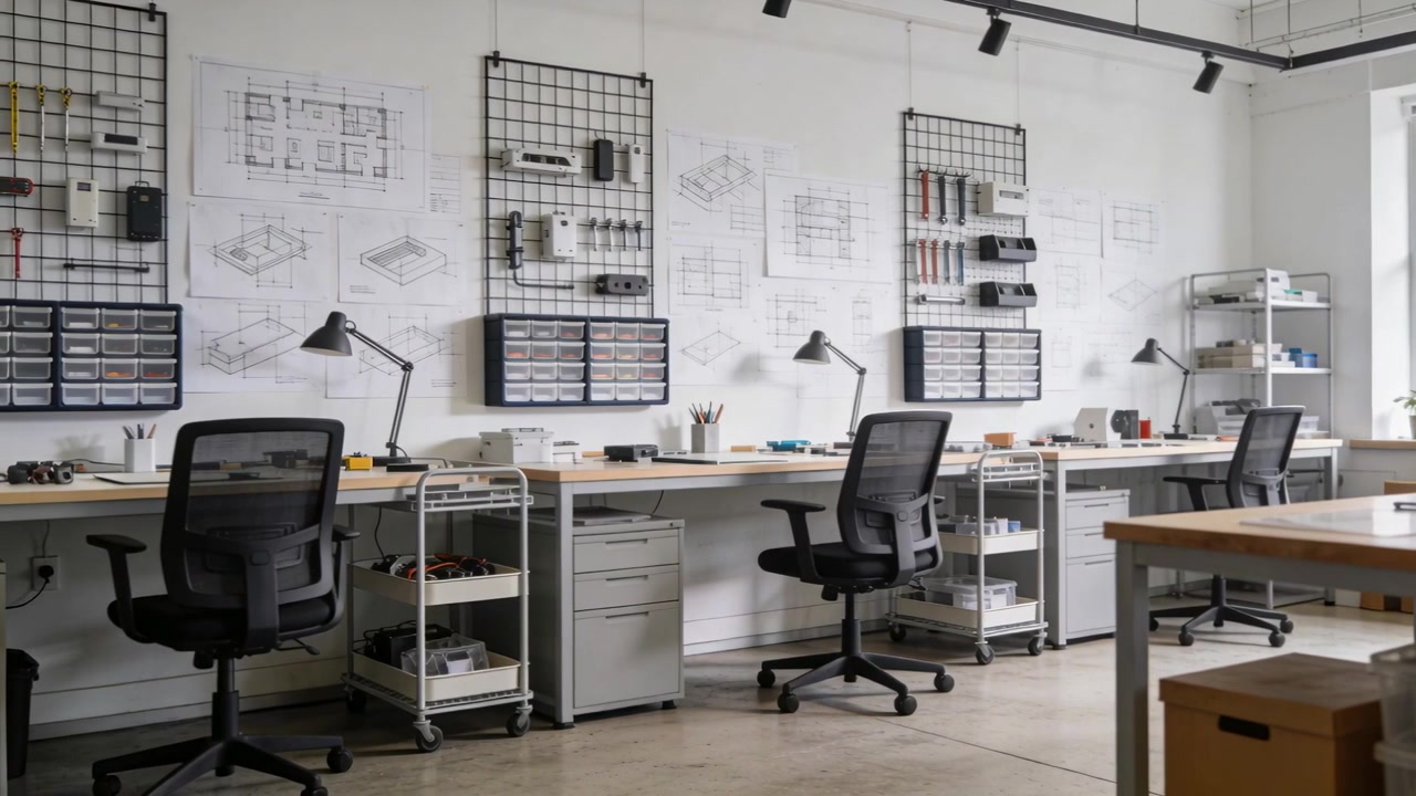 Panning camera revealing row of workstations in design workshop, showing mesh chairs and task lamps
