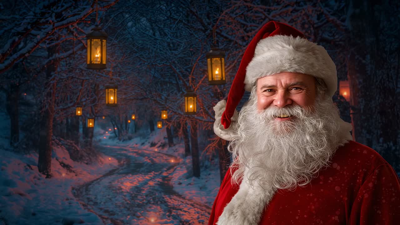 Snowfall starting Santa standing on forest path under lanterns smiling toward offscreen, copy space