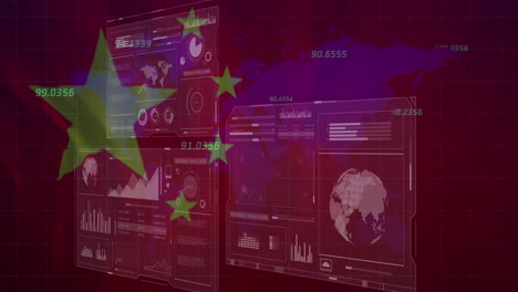 animation of financial data and graphs on screens over flag of china