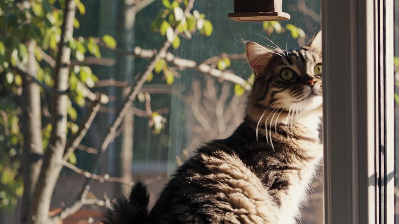 A close-up, side-angle shot of a cat gazing out a window, capturing its curiosity