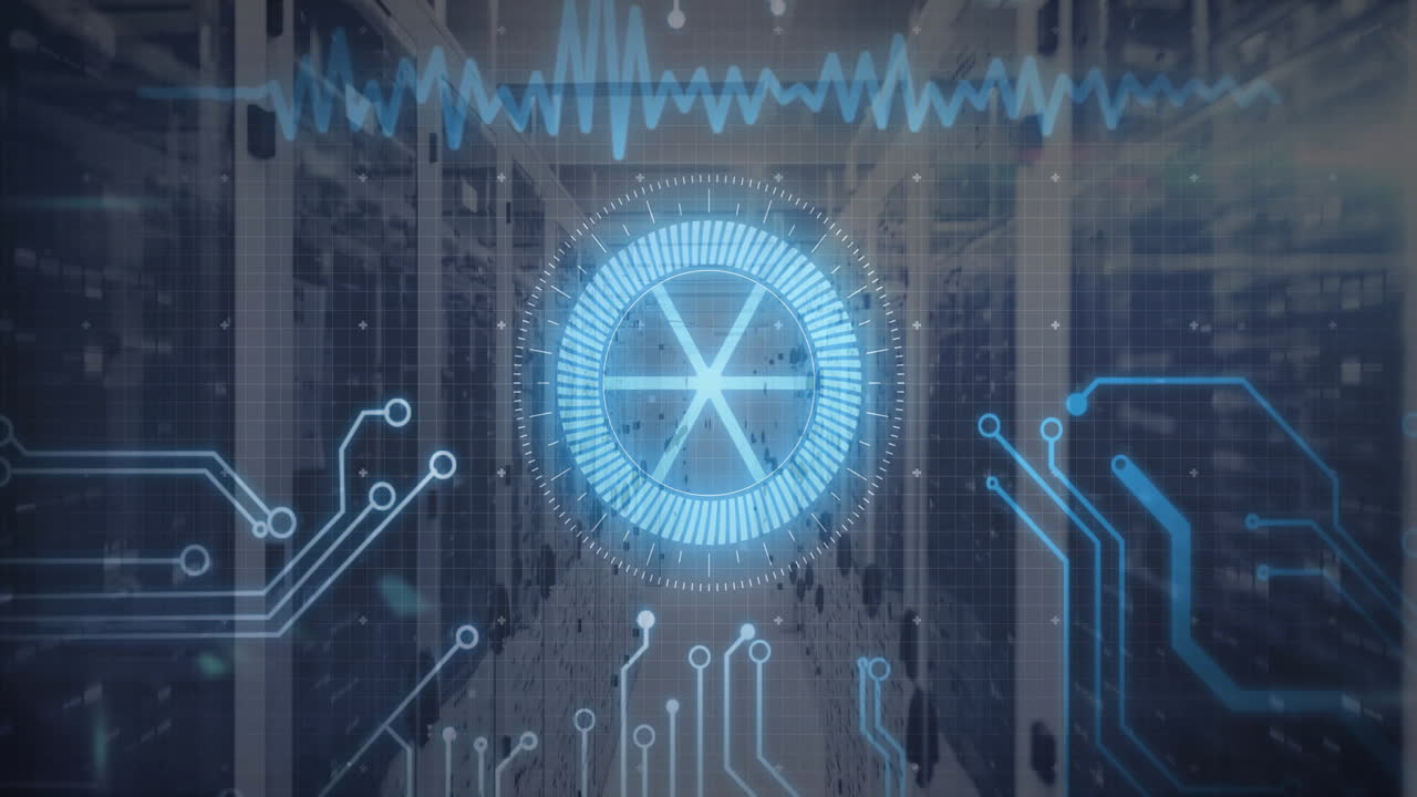 Digital circuit patterns and data processing animation over server room background