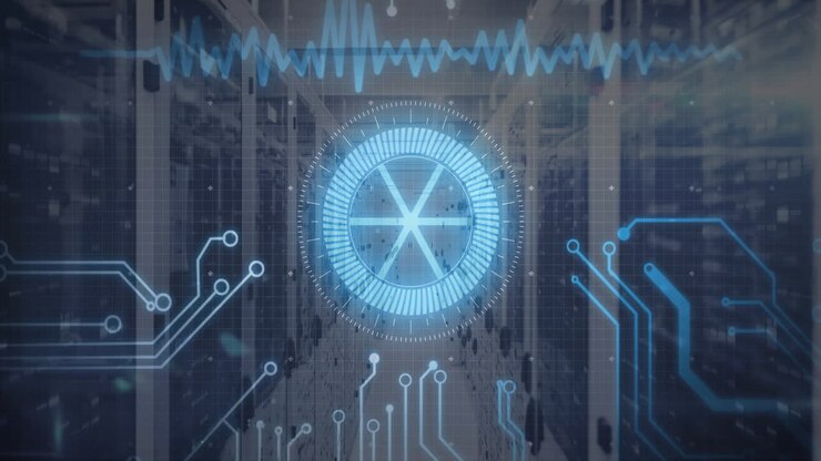 Digital circuit patterns and data processing animation over server room background