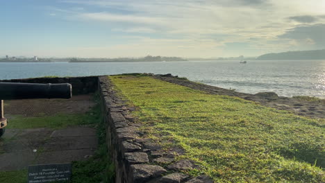 Static-Handheld-Shot-Looking-From-Galle-Fort-Wall-Out-to-Sea-at-Golden-Hour-in-South-Sri-Lanka