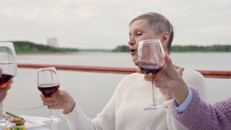 a group of senior friends toasting, talking and laughing