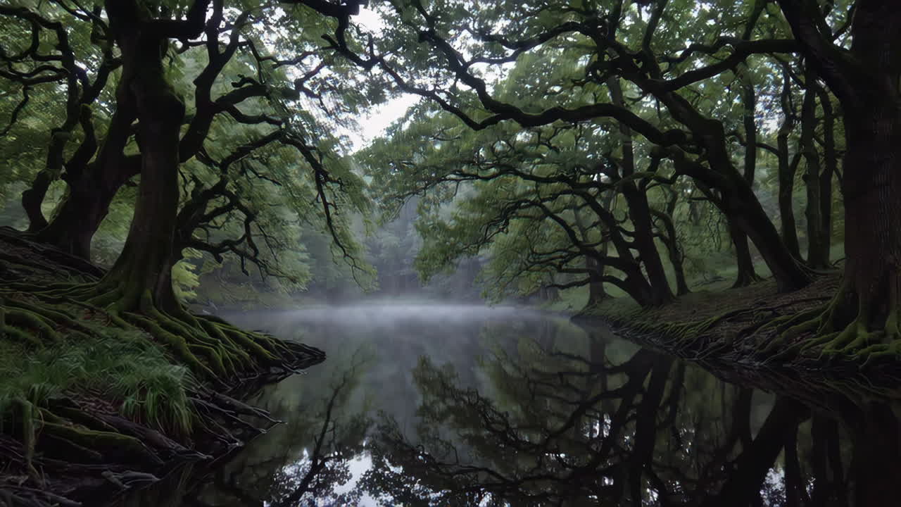 Misty Forest River Reflection